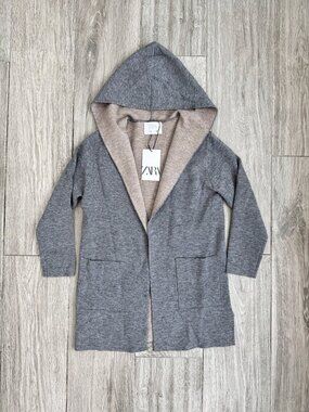 NWT Zara Girl Hooded Cozy Long Knit Cardigan size 9 Grey / Beige